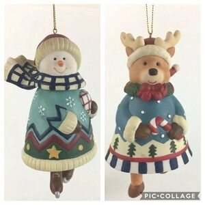 Set of 2 Christmas Bell Ornaments Snowman Reindeer Skaters Festive Holiday Decor